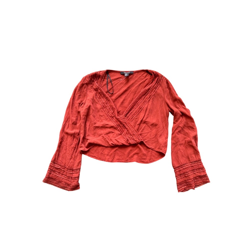 Forever 21 Contemporary Rust Orange Lace Trim Wrap Crop Top Bell Sleeve Small